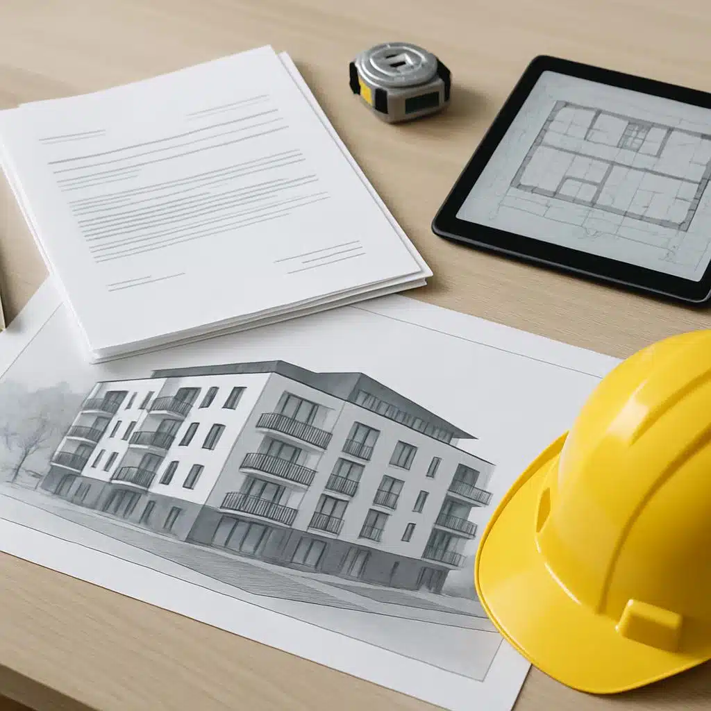 Architektenarbeitsplatz mit Gebäudeskizze auf Papier, Tablet-Grundriss, Maßband und gelbem Schutzhelm aus Draufsicht