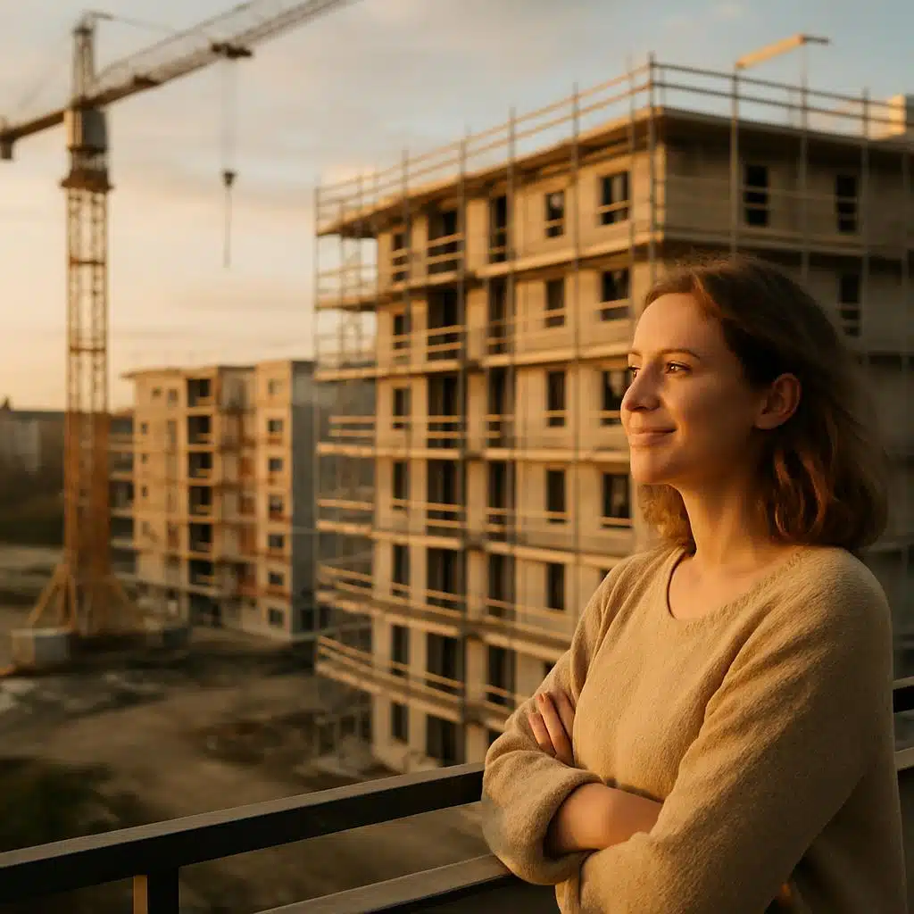 Blick von Balkon auf Rohbau eines Mehrfamilienhauses mit Gerüst und Turmdrehkran