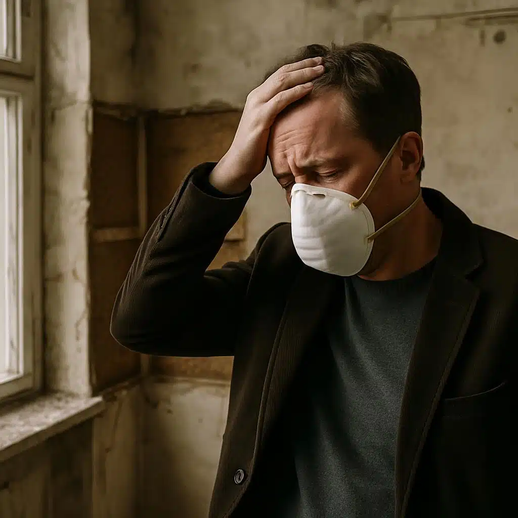 Mann mit Atemschutzmaske in verfallenem Raum am Fenster