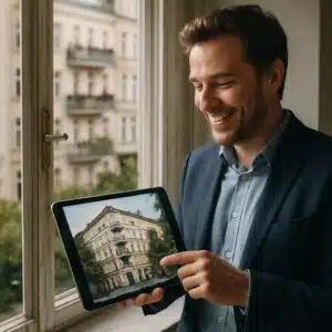 Tablet mit Ansicht eines Altbaus mit Eckbalkonen und gelber Putzfassade aus Straßenperspektive