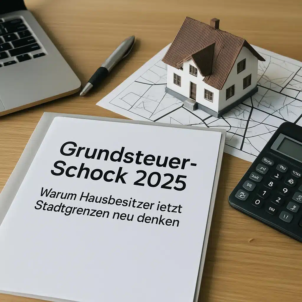 Modell eines Einfamilienhauses aus Holz auf Architekturplan neben Laptop, Stift und Taschenrechner