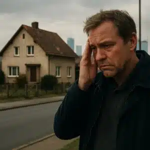 Zweigeschossiges Einfamilienhaus mit Satteldach und Vorgarten aus Frontperspektive