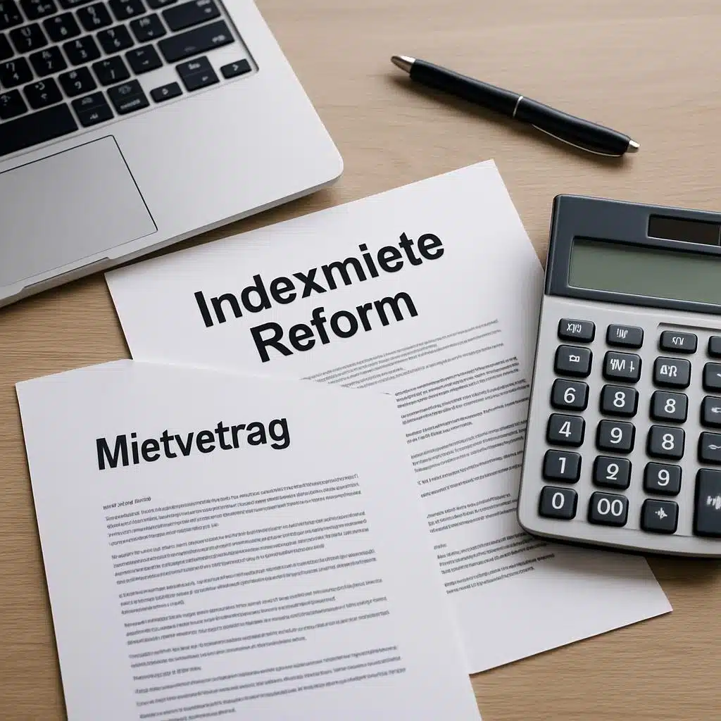 Vogelperspektive auf Mietvertrag und Indexmiete-Reform-Dokument neben Rechner, Laptop und Stift auf Holzschreibtisch