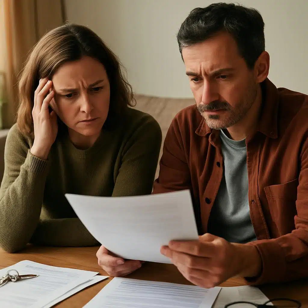 Foto eines Paares beim Durchsehen von Unterlagen an einem Holztisch