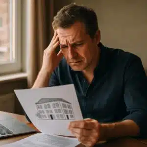 Mann in Seitenansicht liest am Tisch Papier mit Hauszeichnung vor hellem Fenster