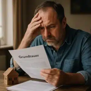 Nahaufnahme eines Mannes beim Lesen eines Grundsteuerbescheids neben kleinem Holzhausmodell