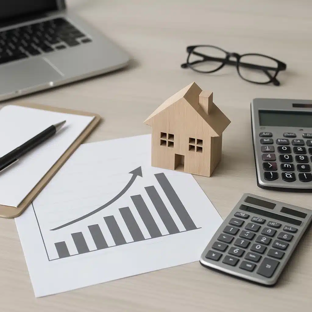 Modellhaus aus Holz auf Schreibtisch mit Aufwärtstrenddiagramm Laptop und Taschenrechner aus erhöhter Perspektive