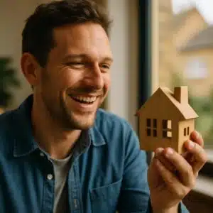 Nahaufnahme eines Holzhausmodells in Hand vor Fensterfront