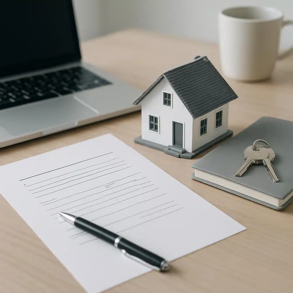 Schreibtisch mit Miniaturhaus, Vertragspapier und Füller neben Schlüsselbund, Laptop und Kaffeetasse