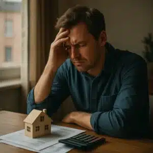 Mann sitzt am Tisch vor einem Holzhausmodell mit Unterlagen und Taschenrechner aus seitlicher Perspektive