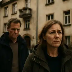 Zwei Personen vor graubraunem mehrstöckigem Wohnhaus mit kleinem Erkerbalkon