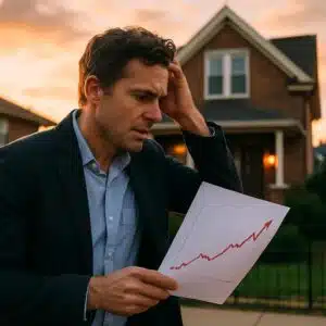 ईंटों से बने अग्रभाग और खिड़कियों वाले एक अलग मकान के सामने कागज पर एक ऊपर की ओर बढ़ते हुए तीर के साथ एक व्यावसायिक ग्राफिक।