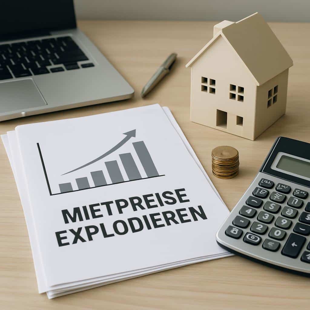 Diagramm steigender Mietpreise mit Modellhaus, Münzstapel und Taschenrechner